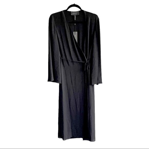 Bcbgmaxazria Wrap Robe Midi Dress Tie Waist Wide Sleeves Black S - Picture 1 of 6